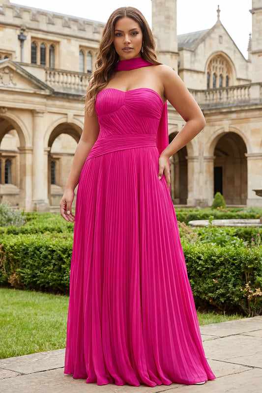 Hot Pink Strapless Pleated A-Line Formal Dress with Detachable Scarf