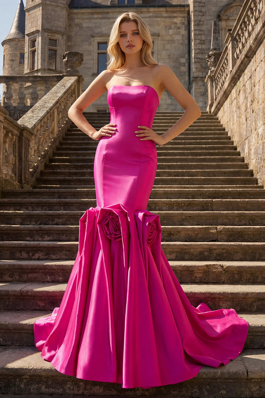 Hot Pink Strapless Satin Mermaid Maxi Prom Dress with 3D Rose Ruffle Hem and Train