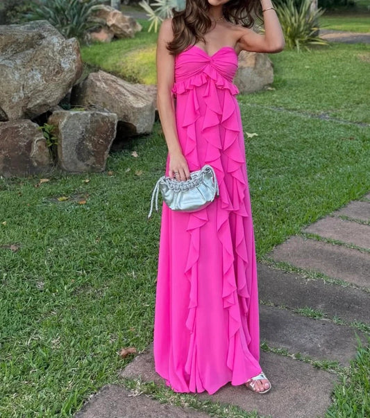 Hot Pink Strapless Tiered Ruffle Prom Dress Formal Prom Dress