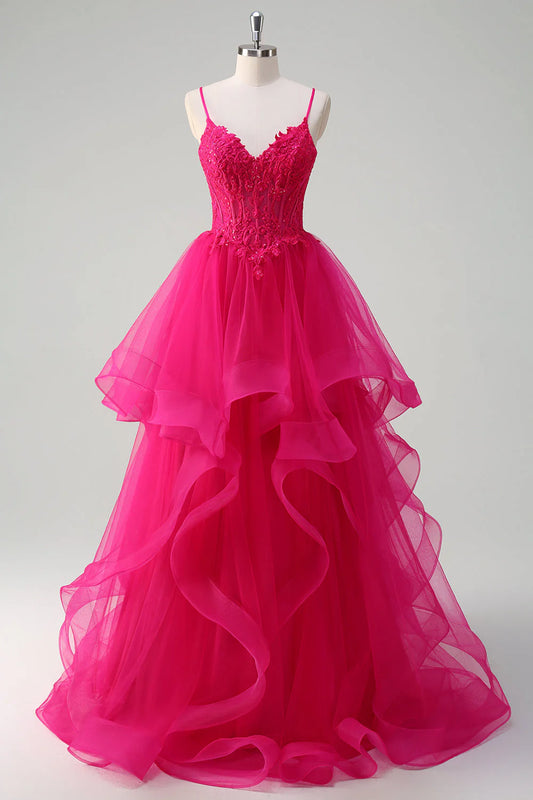 Hot Pink Tulle Spaghetti Strap Lace Applique Ruffled A-Line Prom Dress