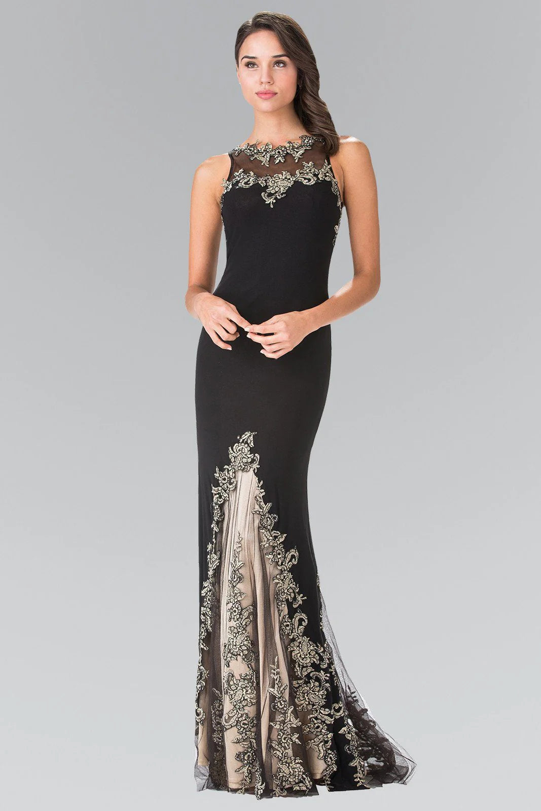 Illusion Neck Black Jersey Evening Dresses with Gold Lace Appliqués and Floor-Length Skirt