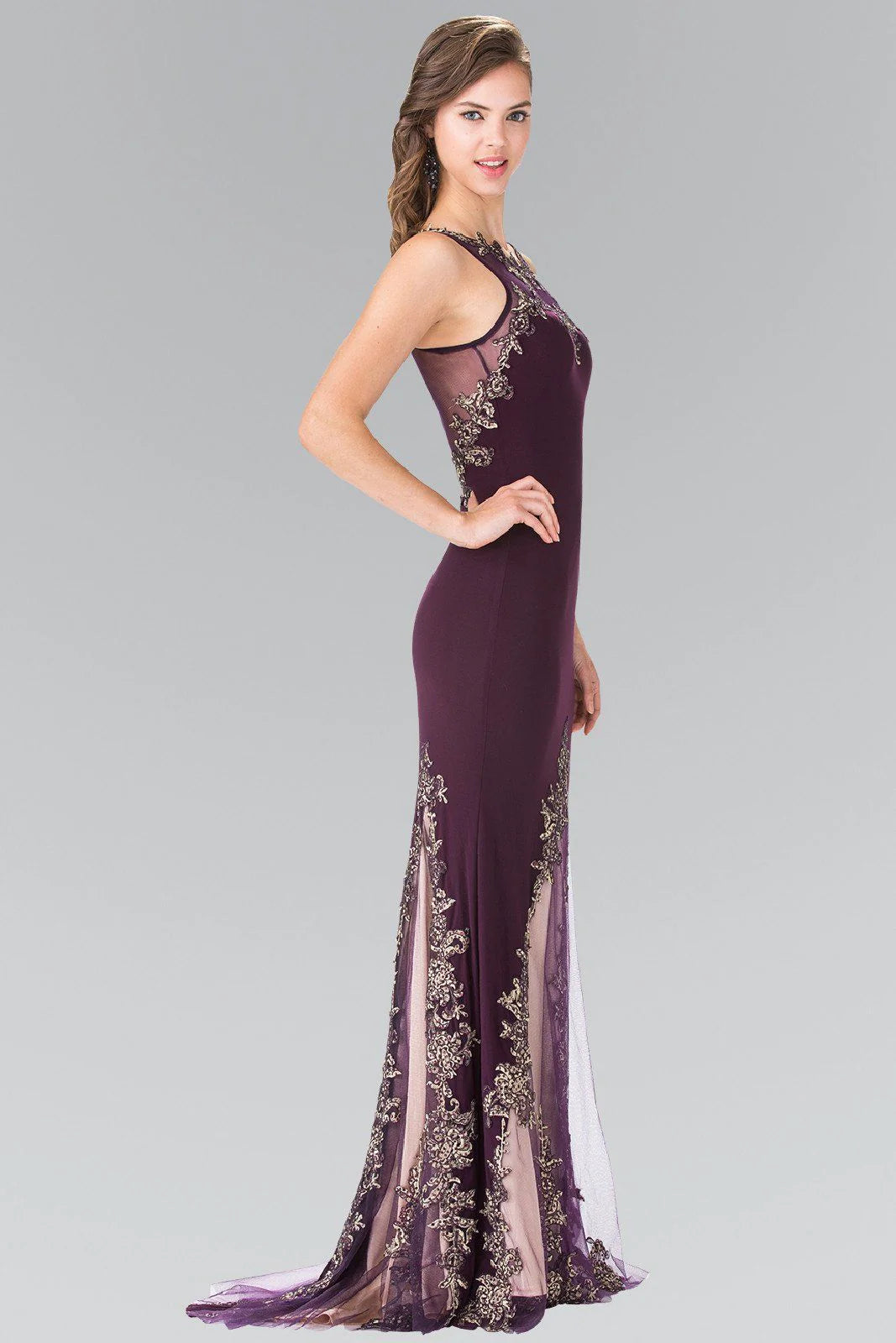 Illusion Neck Black Jersey Evening Dresses with Gold Lace Appliqués and Floor-Length Skirt