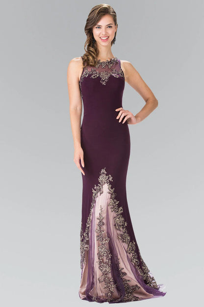 Illusion Neck Black Jersey Evening Dresses with Gold Lace Appliqués and Floor-Length Skirt