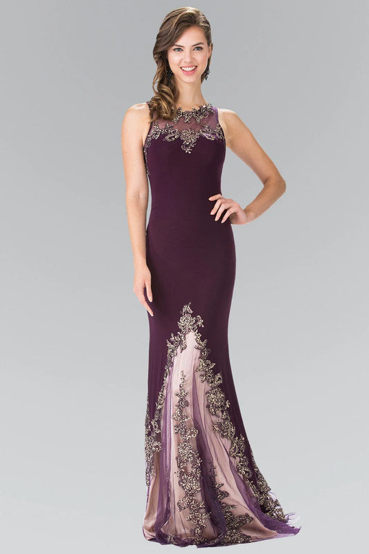 Illusion Neck Black Jersey Evening Dresses with Gold Lace Appliqués and Floor-Length Skirt