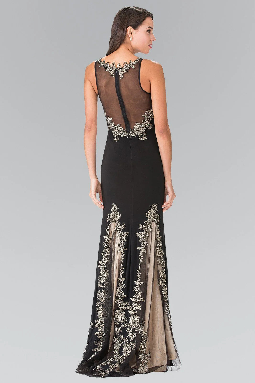 Illusion Neck Black Jersey Evening Dresses with Gold Lace Appliqués and Floor-Length Skirt