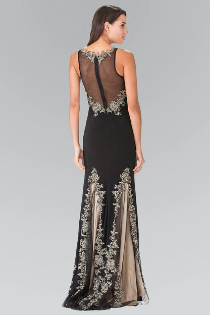 Illusion Neck Black Jersey Evening Dresses with Gold Lace Appliqués and Floor-Length Skirt