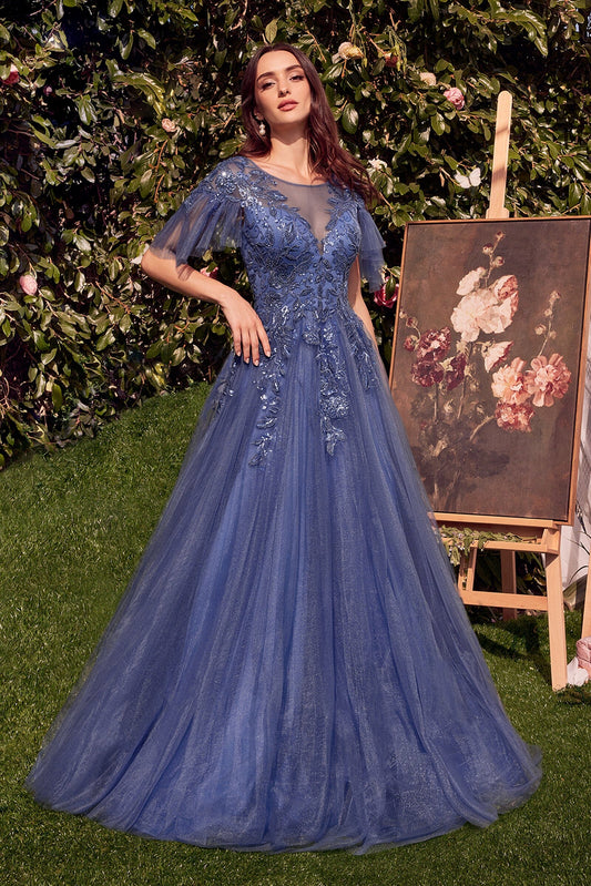 Illusion Neck Slate Blue Tulle Evening Dresses with Beaded Bodice and Floor-Length Skirt