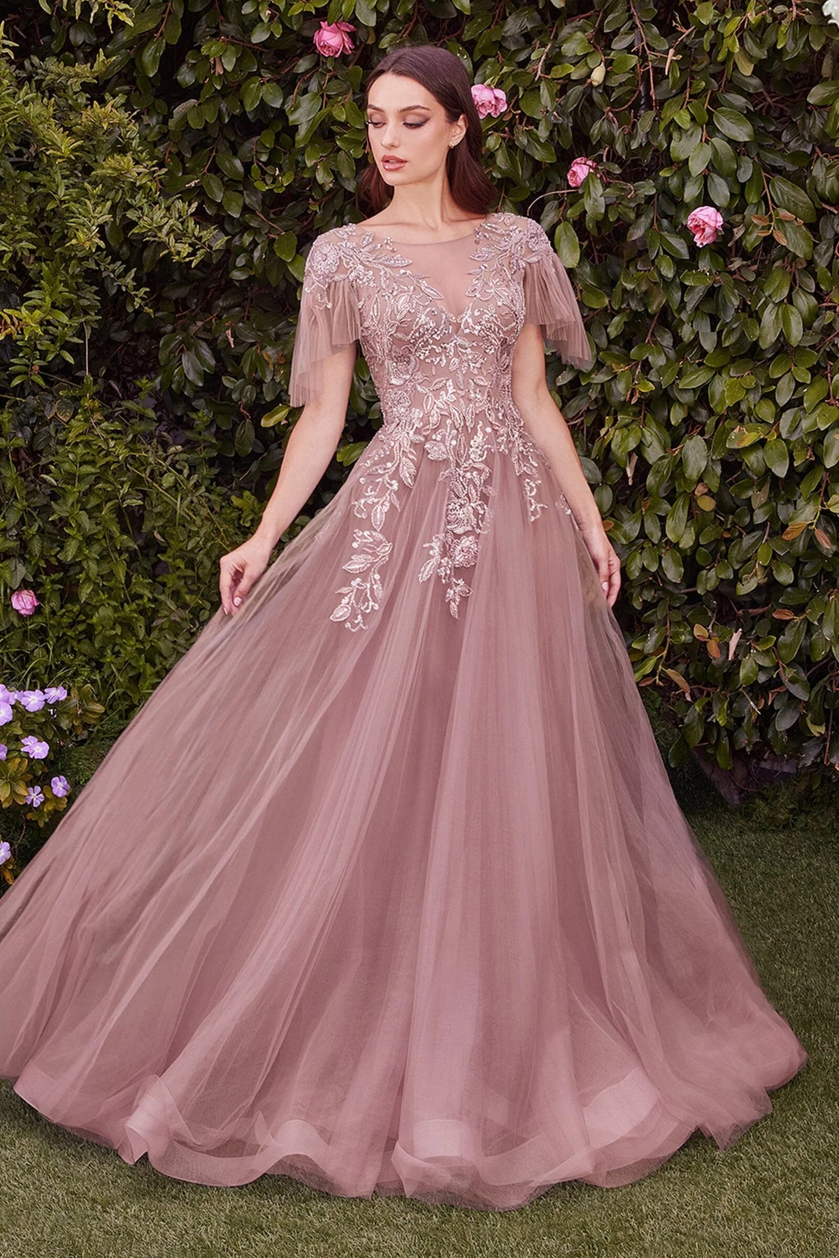 Illusion Neck Slate Blue Tulle Evening Dresses with Beaded Bodice and Floor-Length Skirt