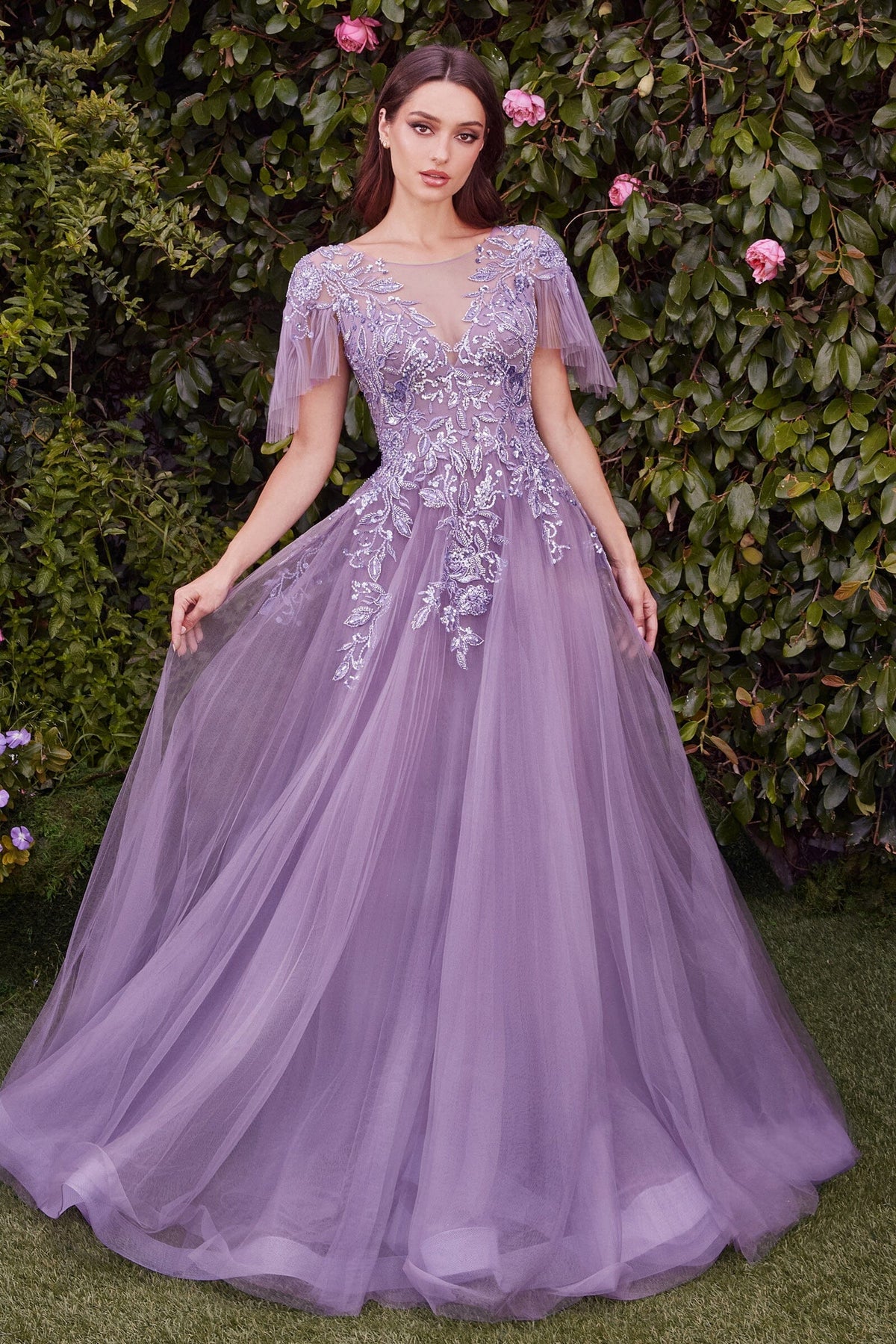 Illusion Neck Slate Blue Tulle Evening Dresses with Beaded Bodice and Floor-Length Skirt