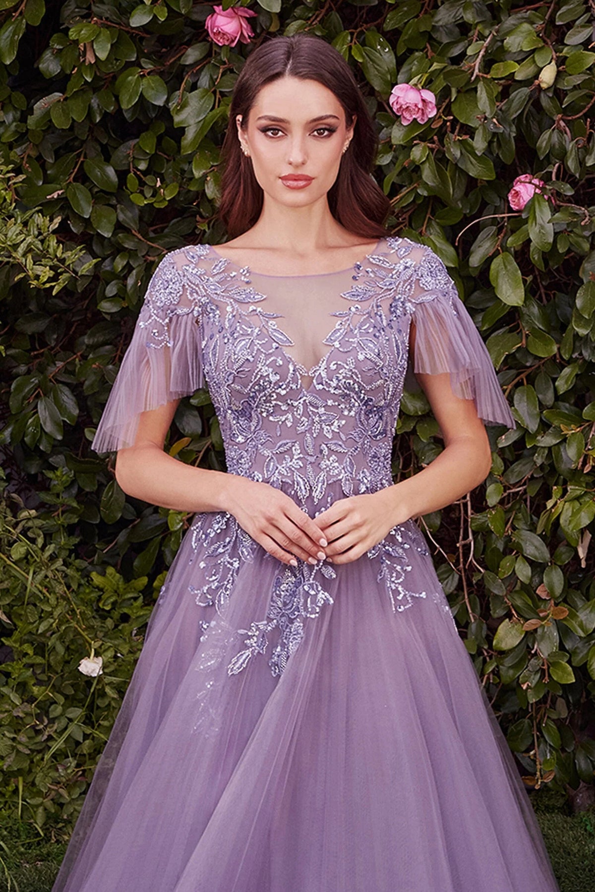 Illusion Neck Slate Blue Tulle Evening Dresses with Beaded Bodice and Floor-Length Skirt