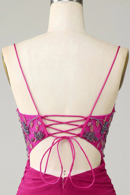 Amzcw Stylish Bodycon Spaghetti Straps Fuchsia Short Homecoming Dress with Beaded