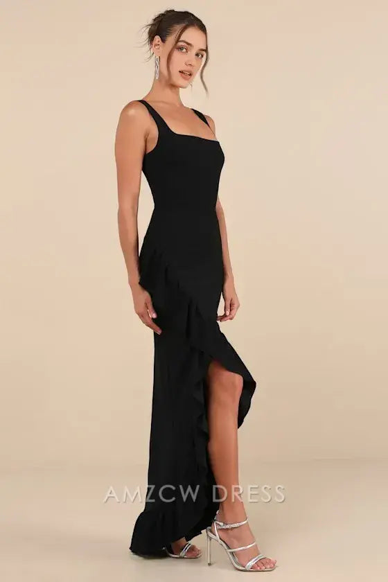 Vestido largo elegante Amzcw con volantes, tulipán, sin mangas, color negro, impecable, de estilo formal 