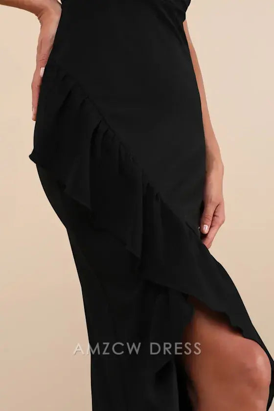 Vestido largo elegante Amzcw con volantes, tulipán, sin mangas, color negro, impecable, de estilo formal 