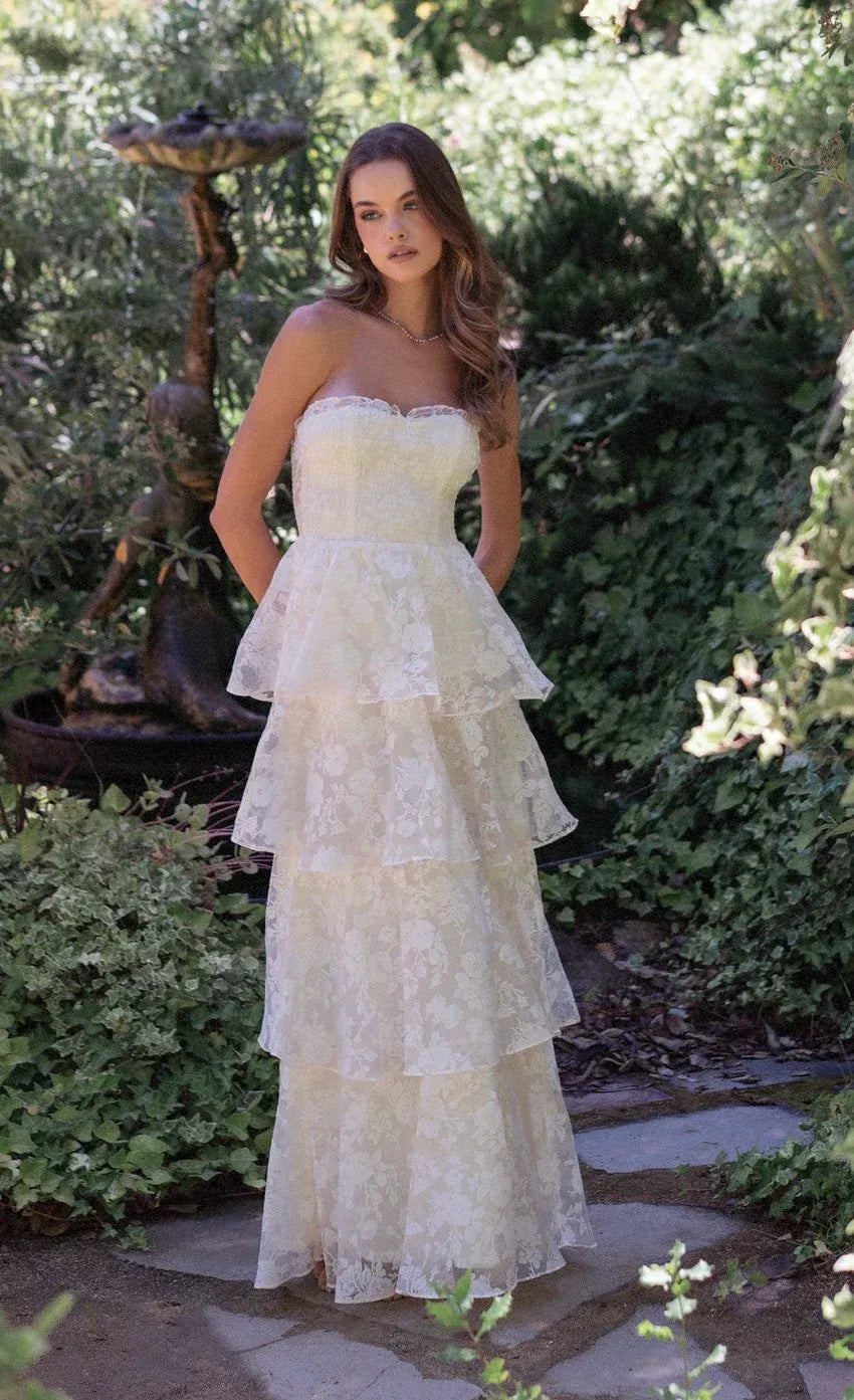 Ivory Maxi Evening Dresses with Strapless Sweetheart Neck Smocked Lace Back Tiered Floral Lace Skirt