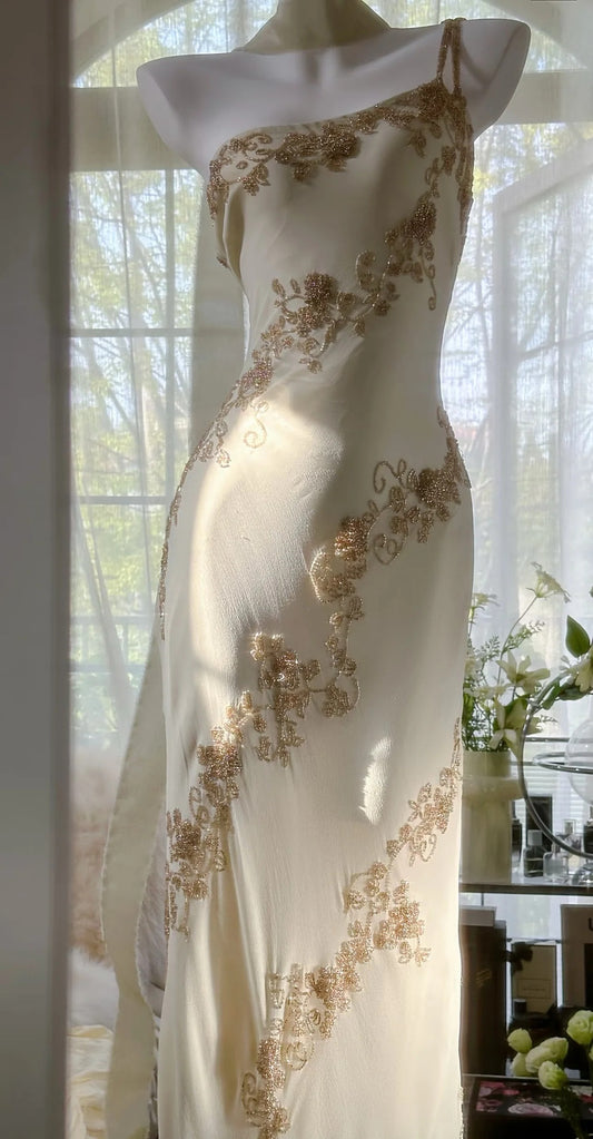 Ivory One Shoulder Prom Dress With Gold Beaded Floral Embroidery And Sash Detail Chiffon Mermaid Formal Prom Dress