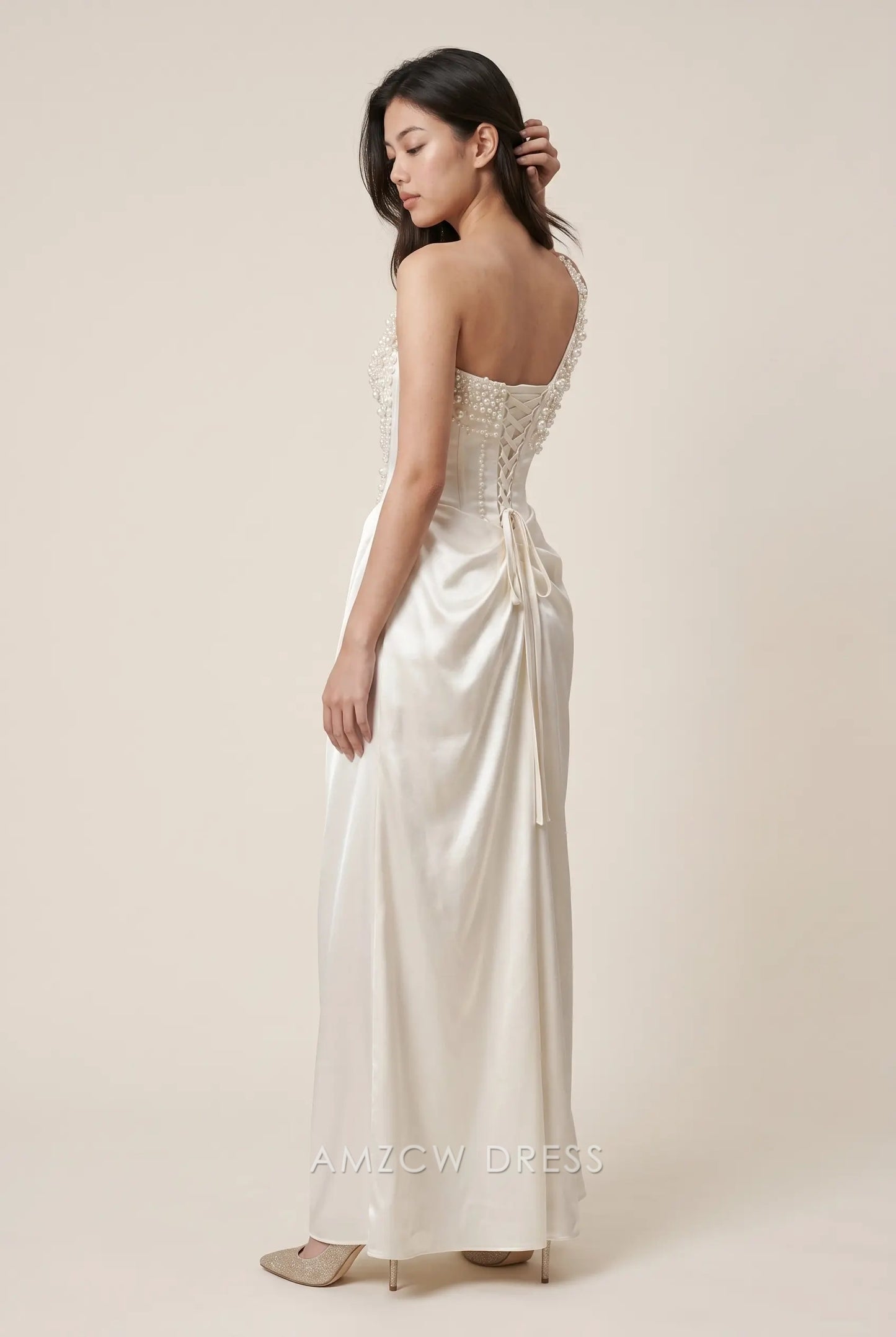 Ivory Satin Mermaid One Shoulder Pearl Embellished Lace Up Back High Slit Floor Length Formal Evening Prom Dress