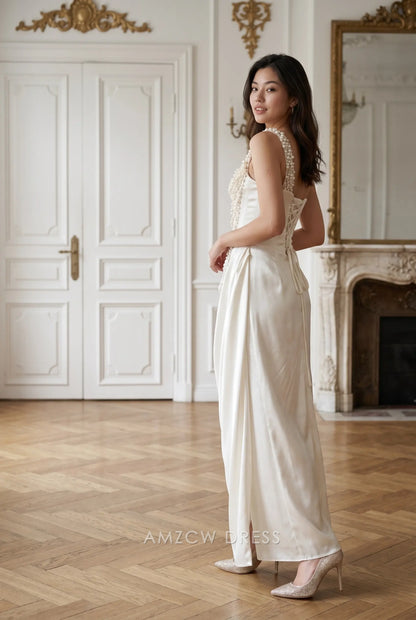 Ivory Satin Mermaid One Shoulder Pearl Embellished Lace Up Back High Slit Floor Length Formal Evening Prom Dress