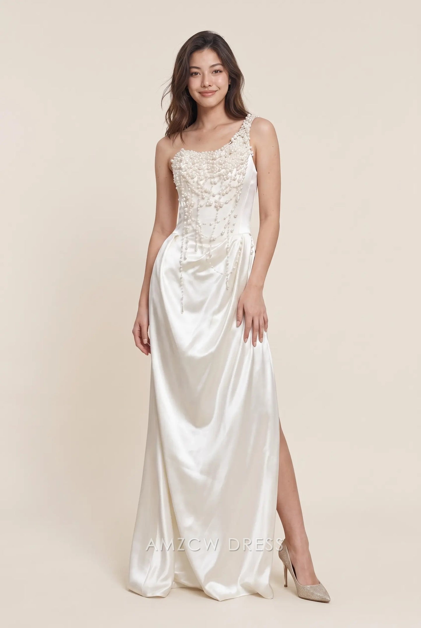 Ivory Satin Mermaid One Shoulder Pearl Embellished Lace Up Back High Slit Floor Length Formal Evening Prom Dress