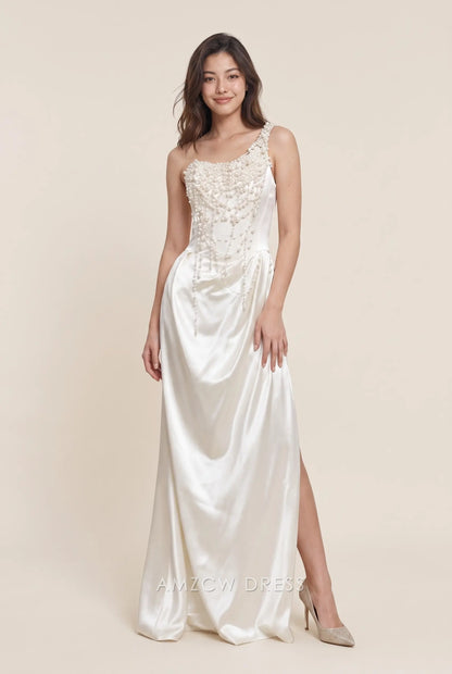 Ivory Satin Mermaid One Shoulder Pearl Embellished Lace Up Back High Slit Floor Length Formal Evening Prom Dress