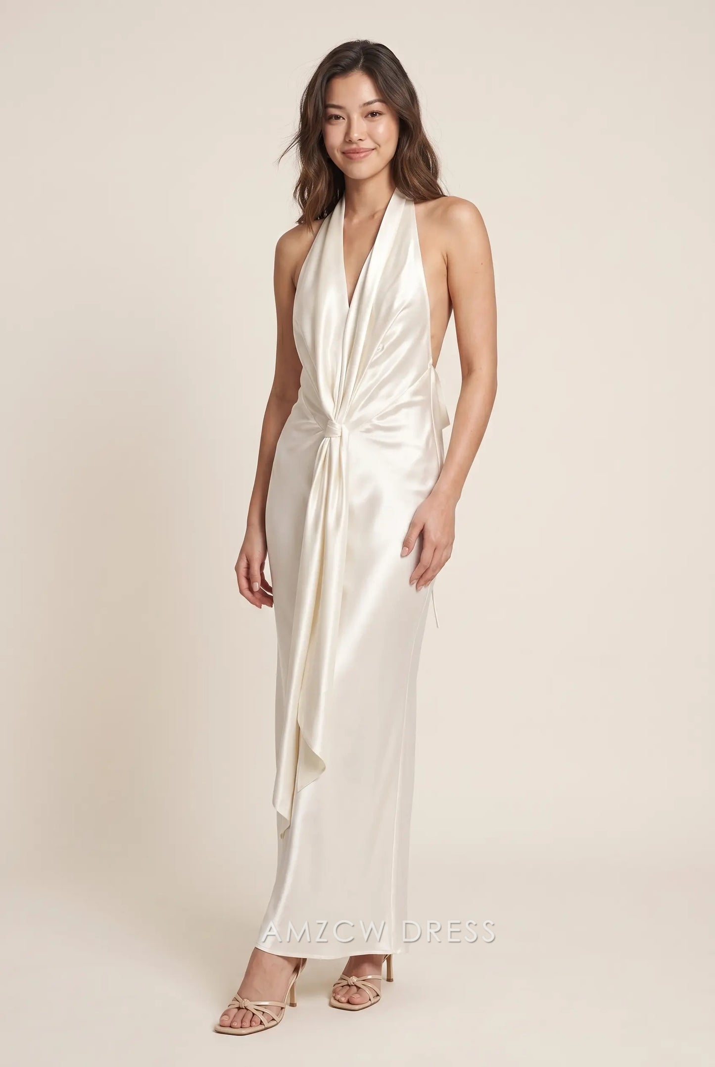 Ivory Satin Sheath Halter Deep V Neck Sleeveless Tie Open Back Knotted Draped Floor Length Formal Evening Prom Dress