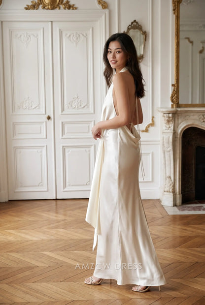Ivory Satin Sheath Halter Deep V Neck Sleeveless Tie Open Back Knotted Draped Floor Length Formal Evening Prom Dress