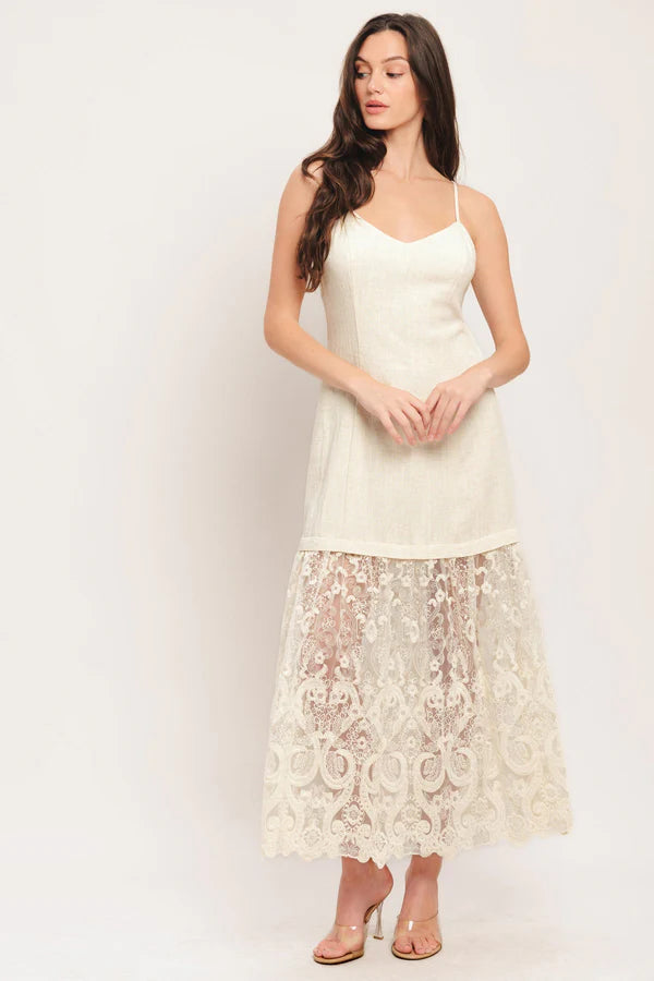 Ivory Spaghetti Strap Lace Tiered A Line Floor Length Formal Evening Prom Dress