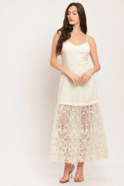 Ivory Spaghetti Strap Lace Tiered A Line Floor Length Formal Evening Prom Dress