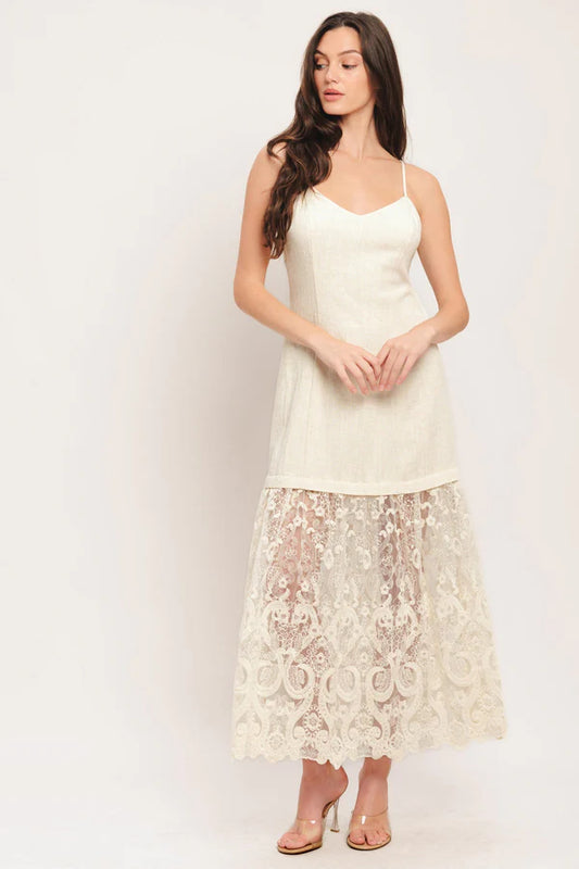 Ivory Spaghetti Strap Lace Tiered A Line Floor Length Formal Evening Prom Dress
