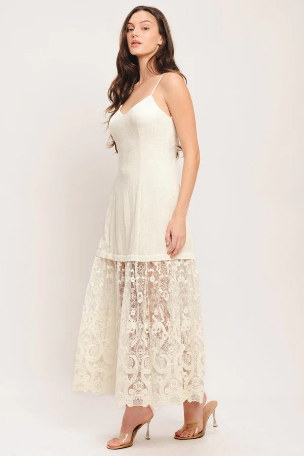Ivory Spaghetti Strap Lace Tiered A Line Floor Length Formal Evening Prom Dress