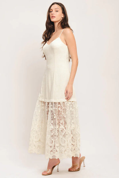 Ivory Spaghetti Strap Lace Tiered A Line Floor Length Formal Evening Prom Dress
