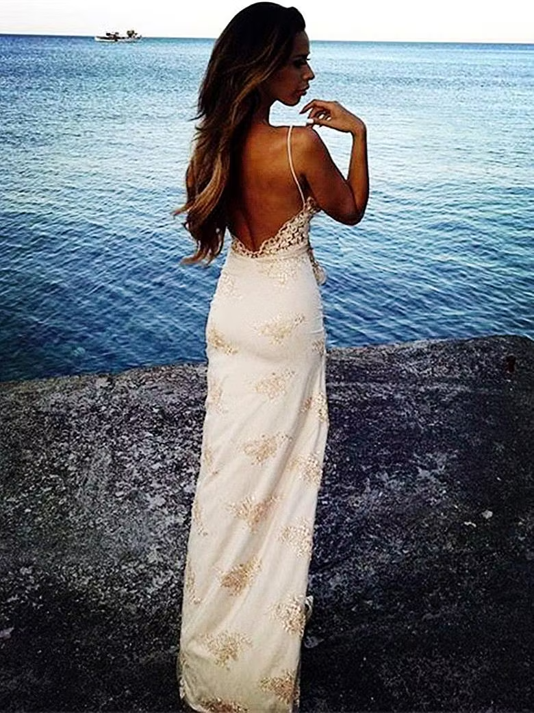 Ivory Spaghetti Strap V Neck Lace Overlay High Slit Mermaid Long Formal Evening Prom Dress