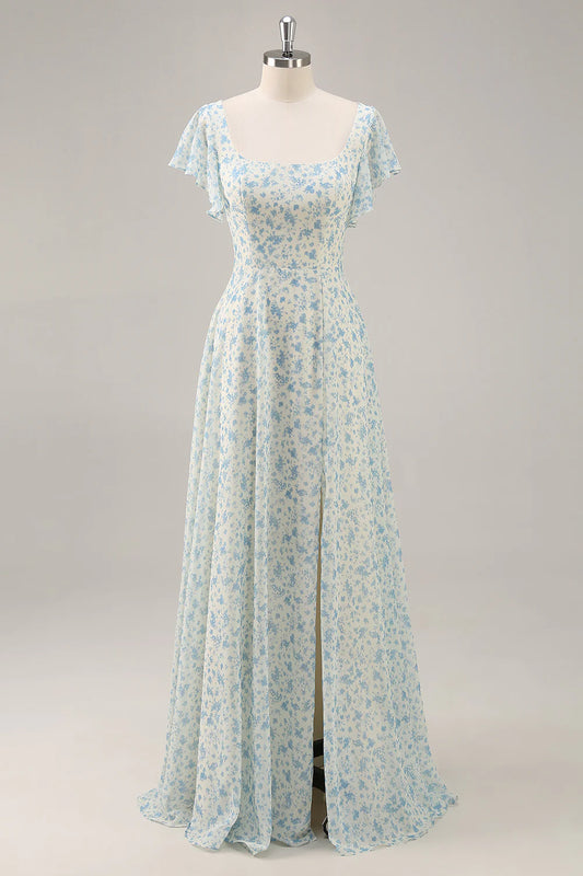 Ivory blue floral chiffon prom dress with square neckline ruffle sleeves open back tie and high slit