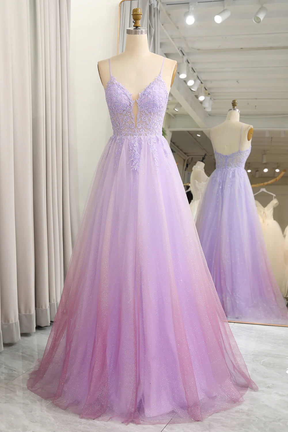 Amzcw Sparkly Gradient Purple A Line Tulle Long Prom Dress With Appliques prom dress shops