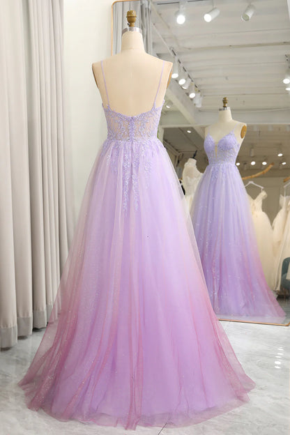 Amzcw Sparkly Gradient Purple A Line Tulle Long Prom Dress With Appliques prom dress shops