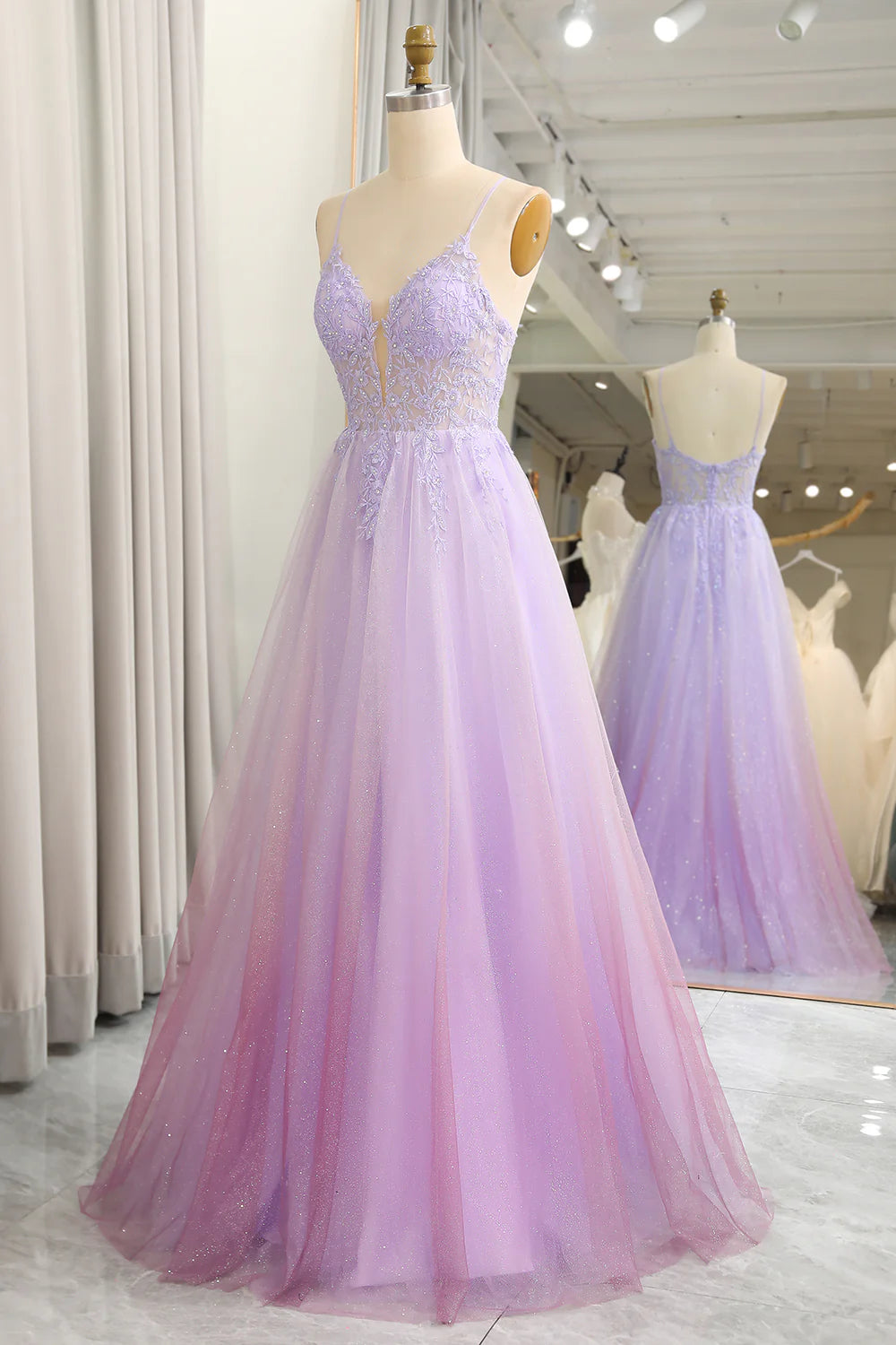 Amzcw Sparkly Gradient Purple A Line Tulle Long Prom Dress With Appliques prom dress shops