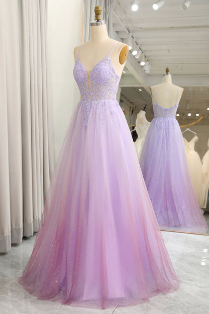 Amzcw Sparkly Gradient Purple A Line Tulle Long Prom Dress With Appliques prom dress shops