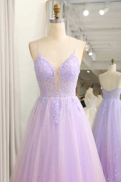 Amzcw Sparkly Gradient Purple A Line Tulle Long Prom Dress With Appliques prom dress shops