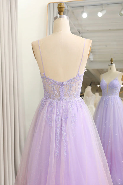Amzcw Sparkly Gradient Purple A Line Tulle Long Prom Dress With Appliques prom dress shops