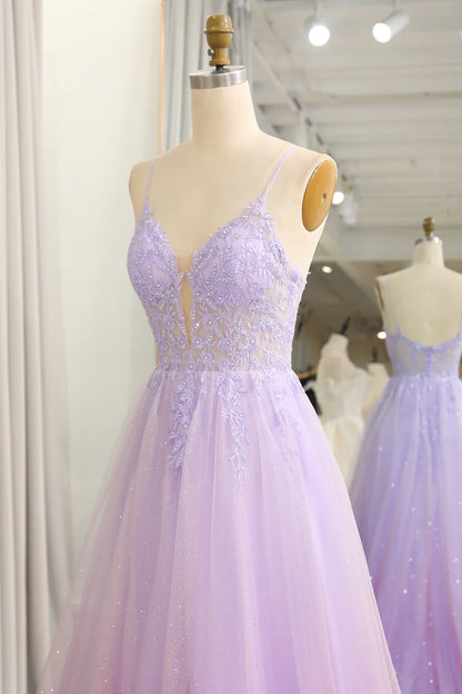 Amzcw Sparkly Gradient Purple A Line Tulle Long Prom Dress With Appliques prom dress shops
