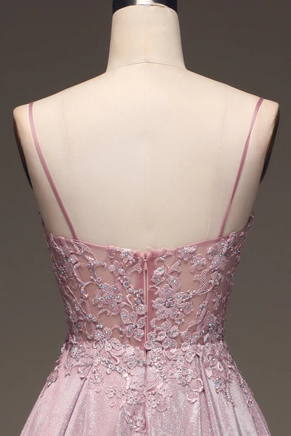 Amzcw Sparkly Blush A Line Beaded Applique Long Prom Dress With Pocket long prom dresses with sleeves