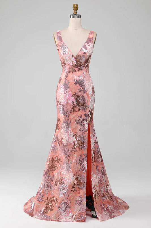 Amzcw Blush Sparkly Sequin Mermaid Long Prom Dress With Slit
