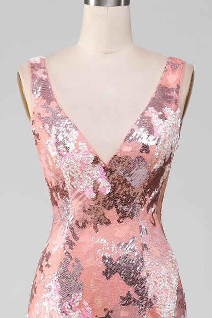 Amzcw Blush Sparkly Sequin Mermaid Long Prom Dress With Slit