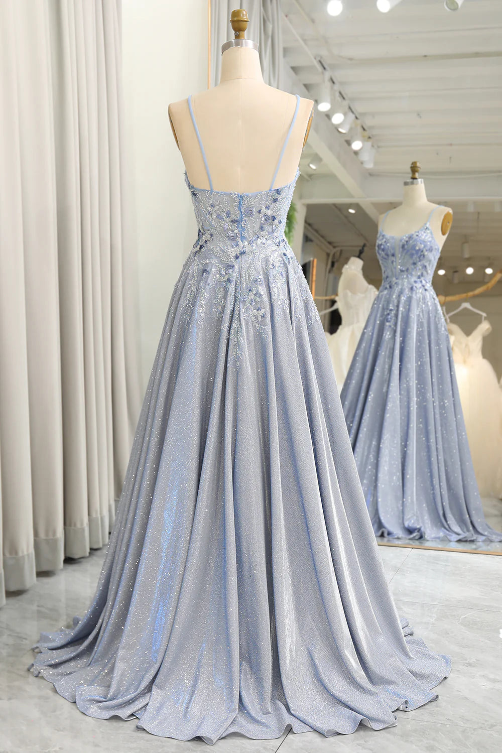 Amzcw Glitter Grey Blue A-Line Spaghetti Straps Long Prom Dress With Appliques prom dresses shops