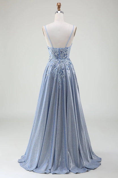 Amzcw Glitter Grey Blue A-Line Spaghetti Straps Long Prom Dress With Sequins prom dresses shops