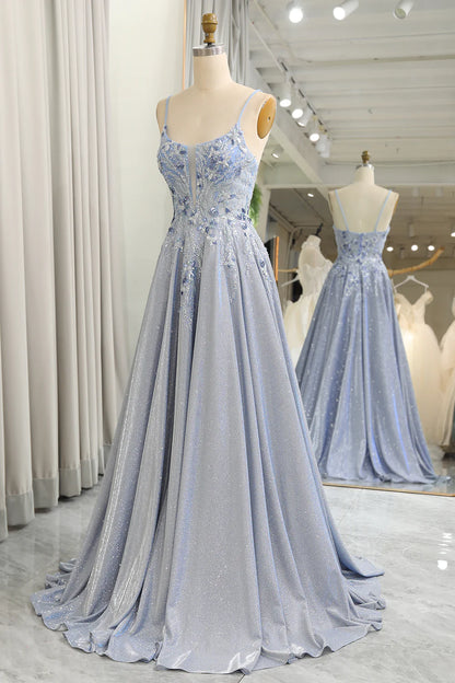 Amzcw Glitter Grey Blue A-Line Spaghetti Straps Long Prom Dress With Appliques prom dresses shops
