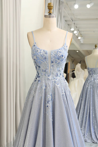 Amzcw Glitter Grey Blue A-Line Spaghetti Straps Long Prom Dress With Appliques prom dresses shops