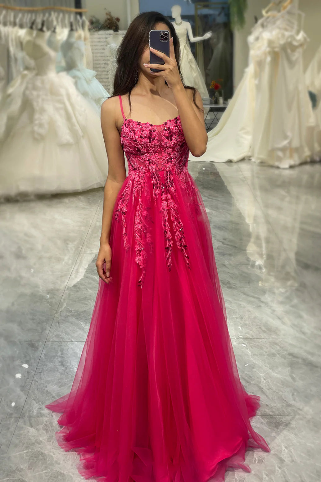 Amzcw A Line Fuchsia Spaghetti Straps Tulle Long Prom Dress With Appliques prom dresses with long sleeves