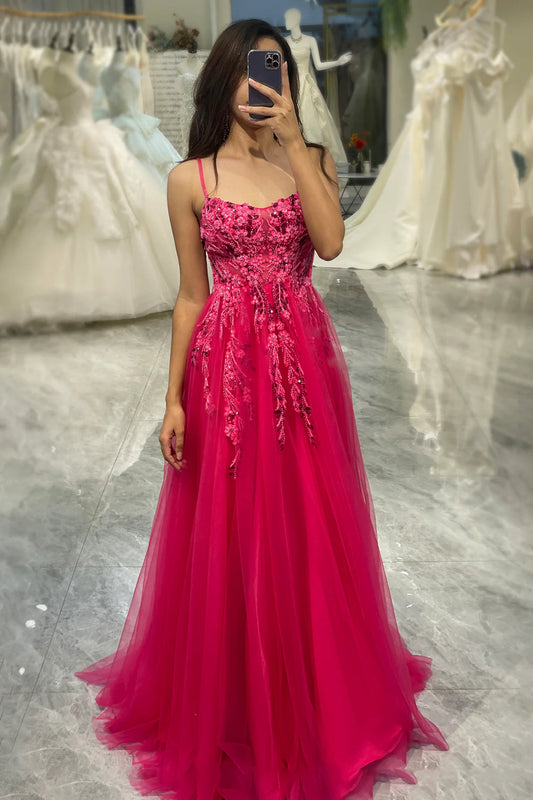 Amzcw A Line Fuchsia Spaghetti Straps Tulle Long Prom Dress With Appliques prom dresses with long sleeves