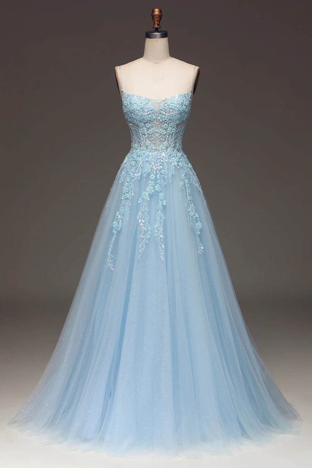 Amzcw Light Blue A Line Spaghetti Straps Sequin Prom Dress With Appliques