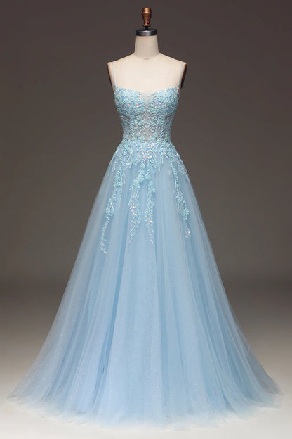 Amzcw Light Blue A Line Spaghetti Straps Sequin Prom Dress With Appliques